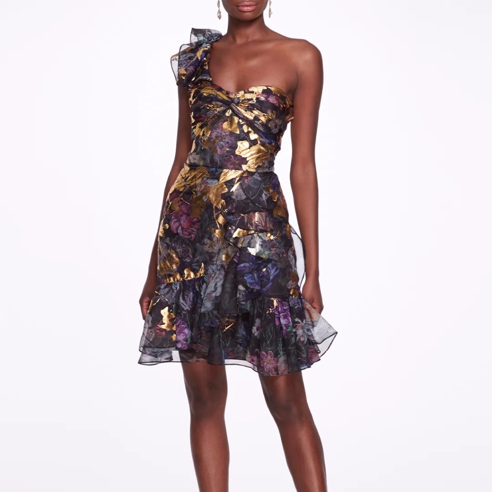 Marchesa Notte Black Gold One Shoulder Foiled Cocktail Dress Floral